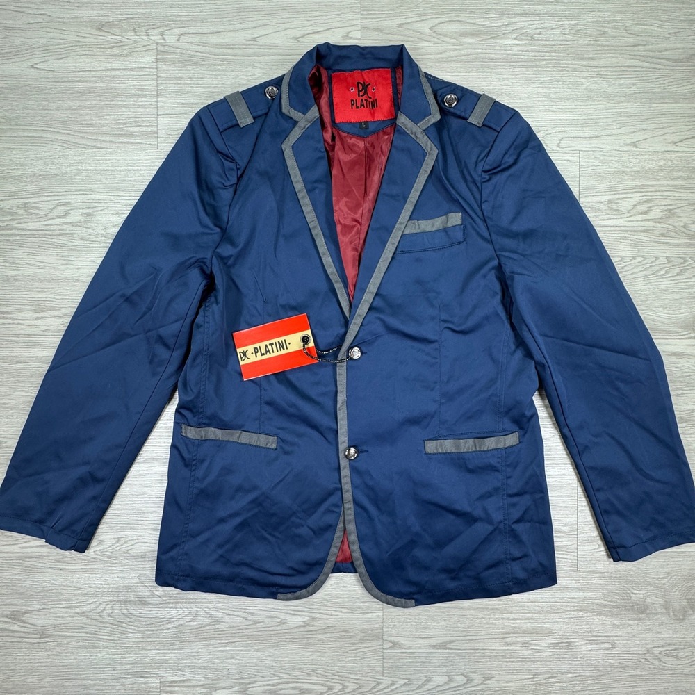 Platini Men's Blazer Jacket Blue Large Contrast Trim Epaulettes Casual Sport NWT